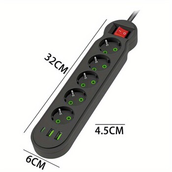 EU Plug Power Strip 2/3/4/5 Outlet Multitap Extension 10A με 2 USB 1 Type-C Θύρες 2m καλώδιο Ηλεκτρική πρίζα 2500W Γρήγορη φόρτιση