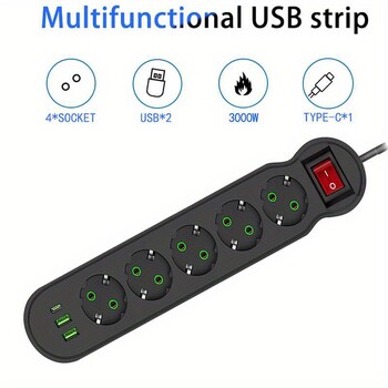 EU Plug Power Strip 2/3/4/5 Outlet Multitap Extension 10A με 2 USB 1 Type-C Θύρες 2m καλώδιο Ηλεκτρική πρίζα 2500W Γρήγορη φόρτιση