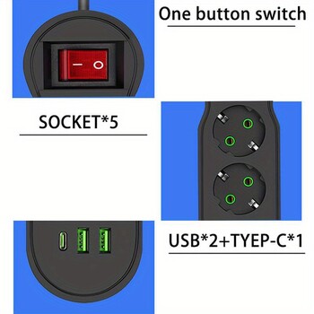 EU Plug Power Strip 2/3/4/5 Outlet Multitap Extension 10A με 2 USB 1 Type-C Θύρες 2m καλώδιο Ηλεκτρική πρίζα 2500W Γρήγορη φόρτιση