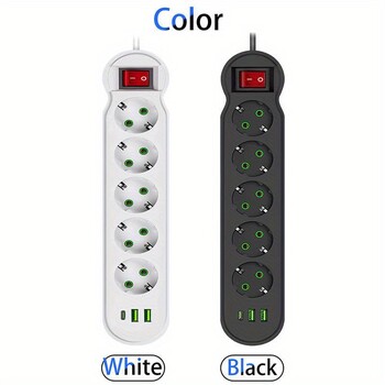 EU Plug Power Strip 2/3/4/5 Outlet Multitap Extension 10A με 2 USB 1 Type-C Θύρες 2m καλώδιο Ηλεκτρική πρίζα 2500W Γρήγορη φόρτιση