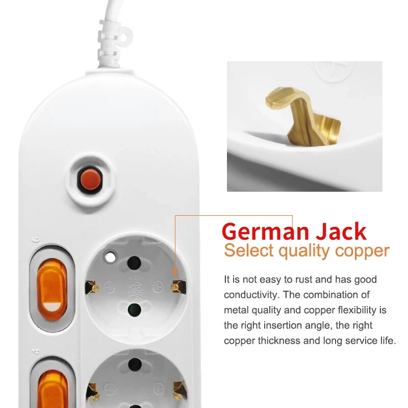 Melery Power Strip Protecție la supratensiune Prize UE Prize Prelungire electrică Priză 16A Întrerupătoare de control independente 1,5/2m cablu