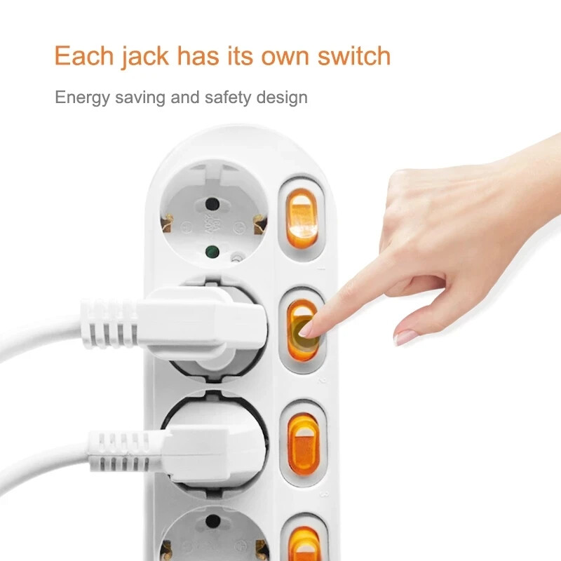 Melery Power Strip Protecție la supratensiune Prize UE Prize Prelungire electrică Priză 16A Întrerupătoare de control independente 1,5/2m cablu