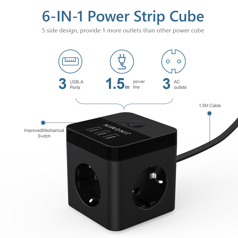Adaptor de alimentare cu 3 prize de curent alternativ 3 porturi USB Cablu de prelungire 1,5 m Priză electrică multiplă cu comutator pentru biroul acasă