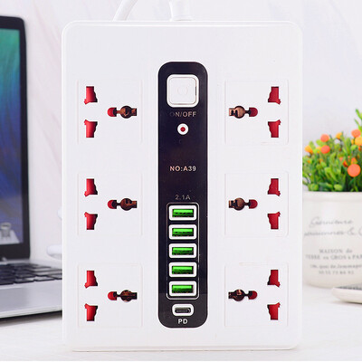 Prelungitor de 2M Prelungitor pentru birou, acasă, UE, Regatul Unit, SUA, priză universală, protecție la suprasarcină de 2500 W, cu 5 porturi USB 1 tip C