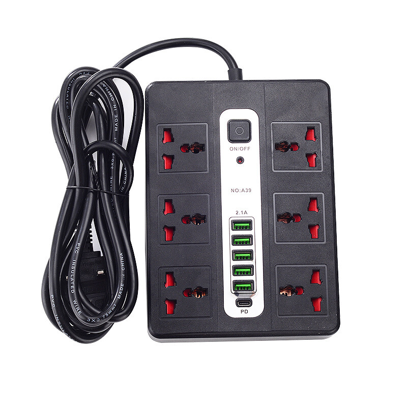 Prelungitor de 2M Prelungitor pentru birou, acasă, UE, Regatul Unit, SUA, priză universală, protecție la suprasarcină de 2500 W, cu 5 porturi USB 1 tip C