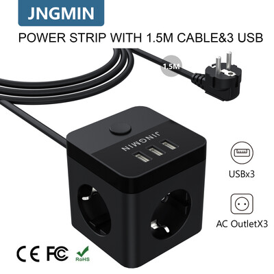 Разклонител с 3 контакта за променлив ток 3 USB порта 1,5M удължителен кабел Много електрически контакти Захранващ адаптер с превключвател За Home Cube