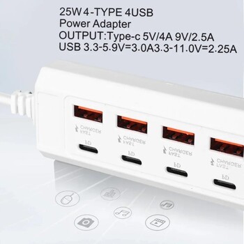 Универсално зарядно за мобилен телефон Електрически контакт 4USB 4PD Multiports Бързо зареждане USB щепсели Разклонител за мобилен телефон Лаптоп