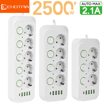 EU Plug Множество контакти AC контакти Разклонител за захранване Удължителен кабел с USB портове Защита от пренапрежение Мрежов филтър Индивидуален превключвател