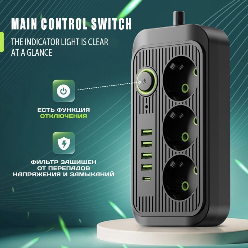F09 Έξυπνη πρίζα εναλλασσόμενου ρεύματος Έξυπνη πρίζα δικτύου Φίλτρο πολλαπλών χρήσεων Καλώδιο επέκτασης με 4 πρίζες USB τύπου C PD EU