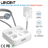 LENCENT EU kištuko maitinimo juosta su 4 kintamosios srovės + 3 USB + 1 tipo C 2M pintu kabeliu 700J apsaugos nuo viršįtampių lizdas su jungikliu namams