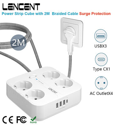 LENCENT EU dugós elosztó 4 AC + 3 USB + 1 C típusú 2M fonott kábel 700J túlfeszültség-védelmi aljzat kapcsolóval otthonra