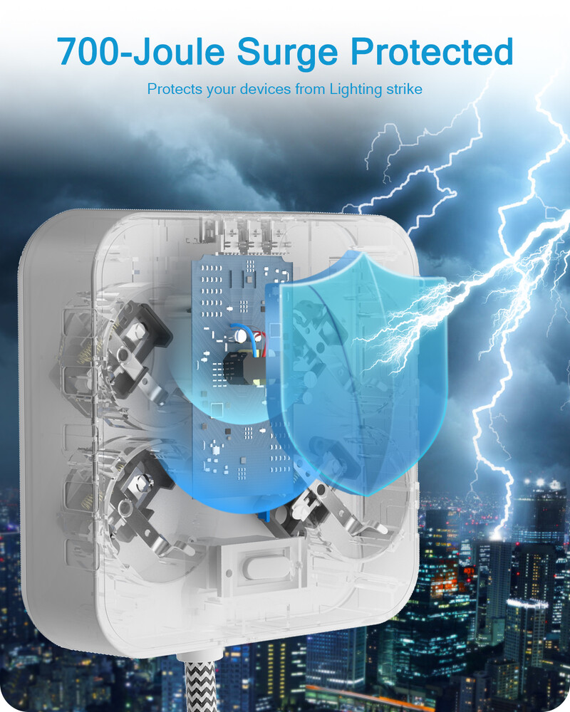 LENCENT EU kištuko maitinimo juosta su 4 kintamosios srovės + 3 USB + 1 tipo C 2M pintu kabeliu 700J apsaugos nuo viršįtampių lizdas su jungikliu namams