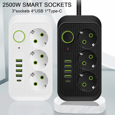 Бързо зареждане EU Plug AC Outlets Multitap Socket Удължителен кабел Електрически разклонител с USB Type C Мрежов филтър адаптер