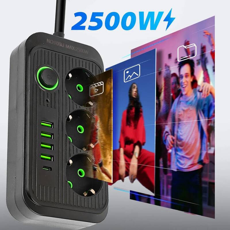 Încărcare rapidă Fișă UE Prize de curent alternativ Priză multitap Prelungitor Priză electrică cu adaptor pentru filtru de rețea USB tip C