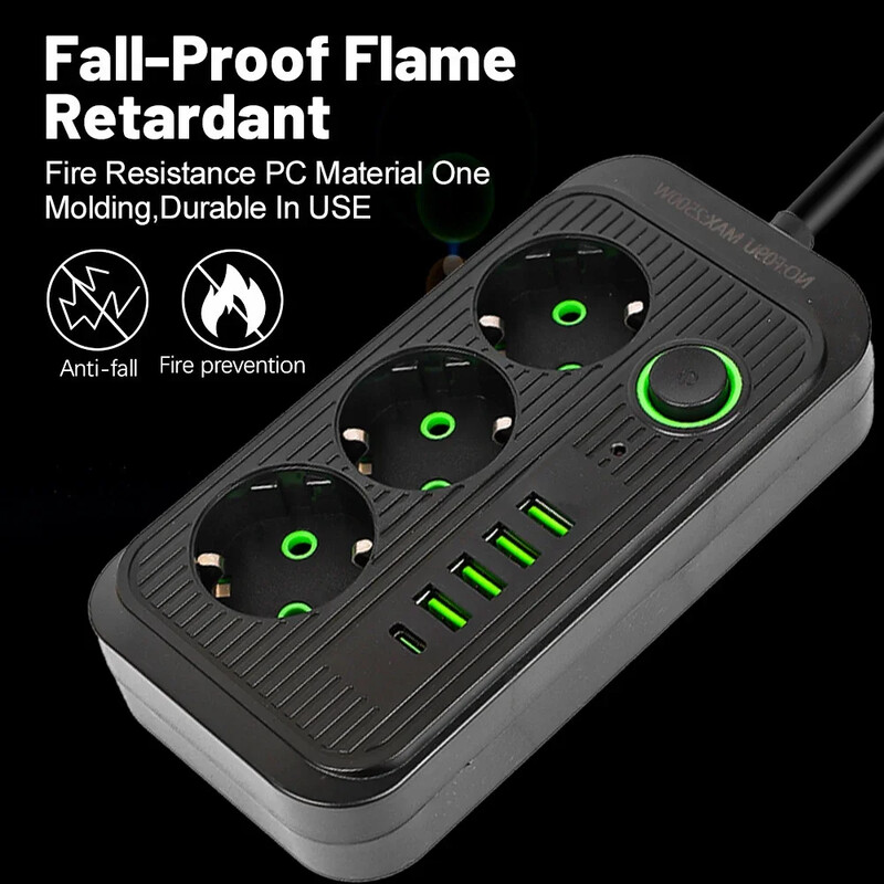 Încărcare rapidă Fișă UE Prize de curent alternativ Priză multitap Prelungitor Priză electrică cu adaptor pentru filtru de rețea USB tip C