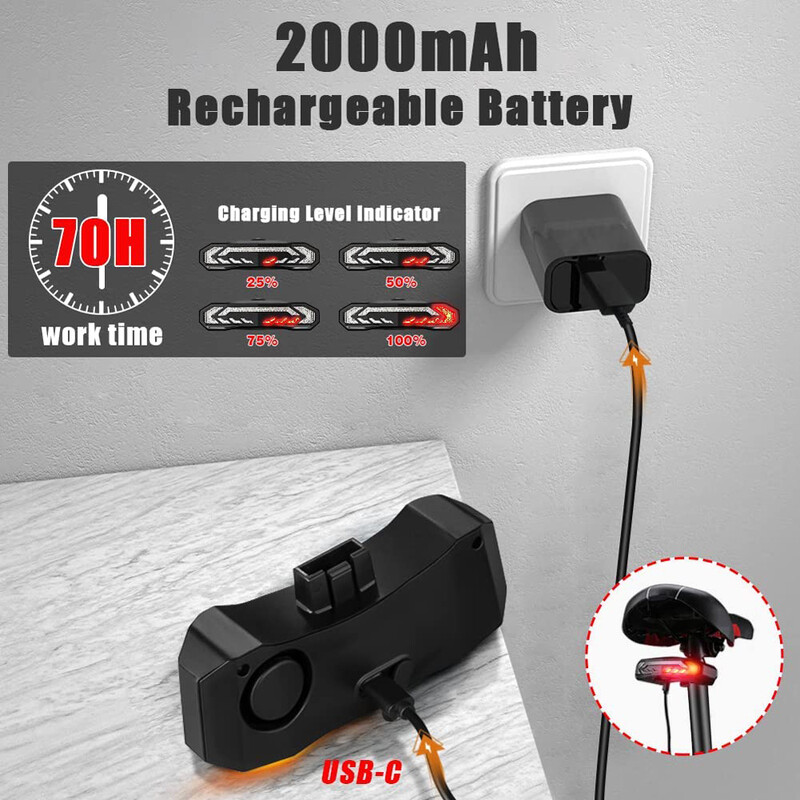 Camluxy Bicicletă Motocicletă Lampă din spate Alarma Lampă de frână cu semnalizatoare Claxon Telecomanda fără fir impermeabilă Lampă din spate pentru bicicletă