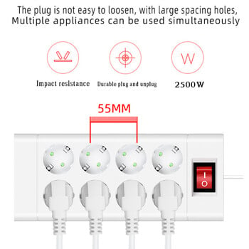 EU Plug Power Strip 6/8/10 Jacks EU DC Outlet Multitap Extension Cable Length 2M Electrical Socket Home Multiprise Network Filter