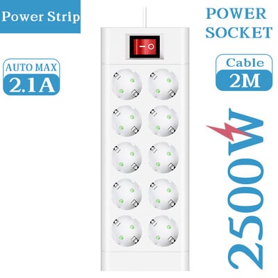 EU kontaktdakša barošanas sloksne 6/8/10 ligzdas EU DC Outlet Multitap pagarinātāja vads garums 2M elektrības kontaktligzda Mājas daudzfunkciju tīkla filtrs