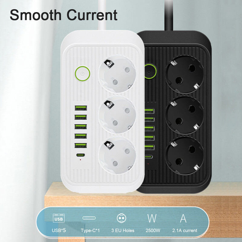 EU dugós váltóáramú aljzatok többcsapos aljzat hosszabbító kábel elektromos tápelosztó USB típusú C PD gyorstöltő hálózati szűrőadapterrel