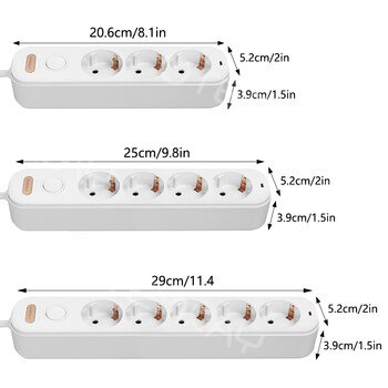Захранващ разклонител EU щепсел 3/4/5 контактни контакти Електрически удължител 16A гнезда Независими контролни превключватели Кабел за домашен офис