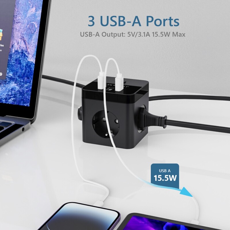 Priză de prelungire cu întrerupător de siguranță priză de alimentare pentru birou acasă mufă UE 2500 W 1,5 m cablu protecție la suprasarcină porturi USB tip C