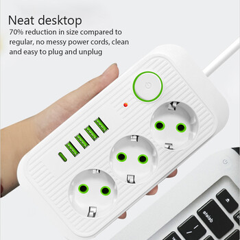 EU Plug Power Strip 2M Καλώδιο επέκτασης Multiprise 3AC Ηλεκτρική πρίζα με 4 USB 1 Type C φίλτρο δικτύου Γρήγορη φόρτιση