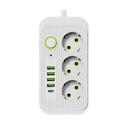 EU Plug Power Strip 2M Καλώδιο επέκτασης Multiprise 3AC Ηλεκτρική πρίζα με 4 USB 1 Type C φίλτρο δικτύου Γρήγορη φόρτιση