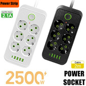 EU Plug 6 πρίζες AC Υποδοχή προέκτασης καλωδίου ηλεκτρικού πολύπριζου με 4 προσαρμογέα φίλτρου δικτύου φόρτισης τύπου C USB 1