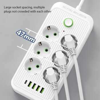 EU Plug 6 AC Outlets Multitap Socket Удължителен кабел Електрически захранващ разклонител с 4 USB 1 Type C Зареждане Мрежов филтър Адаптер