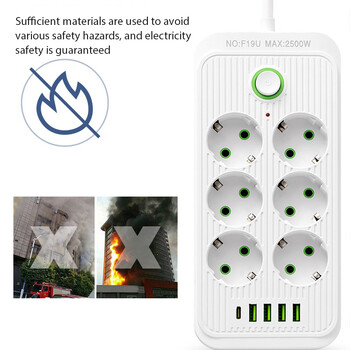 EU Plug 6 AC Outlets Multitap Socket Удължителен кабел Електрически захранващ разклонител с 4 USB 1 Type C Зареждане Мрежов филтър Адаптер