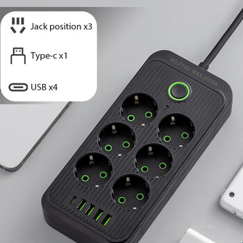 EU Plug 6 AC Outlets Multitap Socket Удължителен кабел Електрически захранващ разклонител с 4 USB 1 Type C Зареждане Мрежов филтър Адаптер