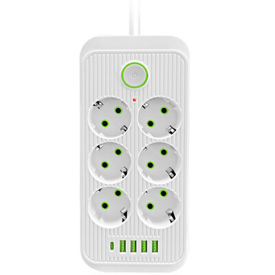 EU Plug 6 πρίζες AC Υποδοχή προέκτασης καλωδίου ηλεκτρικού πολύπριζου με 4 προσαρμογέα φίλτρου δικτύου φόρτισης τύπου C USB 1
