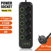 Viaczásuvkový napájací kábel s nezávislým prepínačom, porty USB typu C, predlžovací kábel, sieťový filter, AC zásuvka, elektrická zásuvka