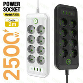 Πρίζα εναλλασσόμενου ρεύματος ΕΕ Πολύπριζο 2m Καλώδιο επέκτασης Πολύπριζο 3 USB 1 Φίλτρο δικτύου τύπου C Γρήγορη φόρτιση