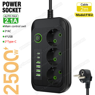 Πρίζα εναλλασσόμενου ρεύματος ΕΕ Πολύπριζο 2m Καλώδιο επέκτασης Πολύπριζο 3 USB 1 Φίλτρο δικτύου τύπου C Γρήγορη φόρτιση