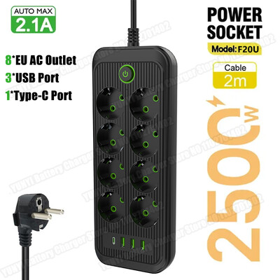 Πρίζα εναλλασσόμενου ρεύματος ΕΕ Πολύπριζο 2m Καλώδιο επέκτασης Πολύπριζο 3 USB 1 Φίλτρο δικτύου τύπου C Γρήγορη φόρτιση
