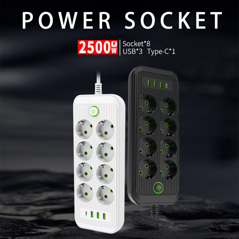 Πρίζα εναλλασσόμενου ρεύματος ΕΕ Πολύπριζο 2m Καλώδιο επέκτασης Πολύπριζο 3 USB 1 Φίλτρο δικτύου τύπου C Γρήγορη φόρτιση