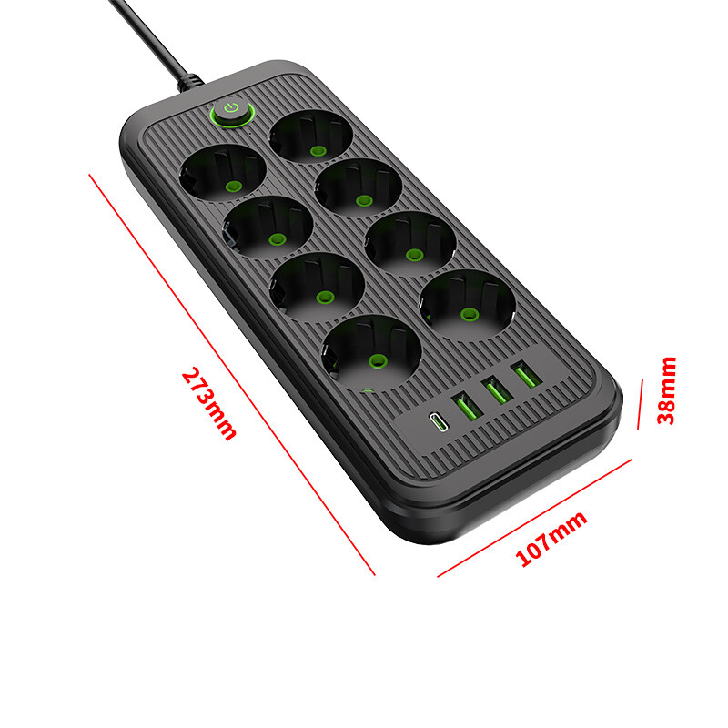 Πρίζα εναλλασσόμενου ρεύματος ΕΕ Πολύπριζο 2m Καλώδιο επέκτασης Πολύπριζο 3 USB 1 Φίλτρο δικτύου τύπου C Γρήγορη φόρτιση
