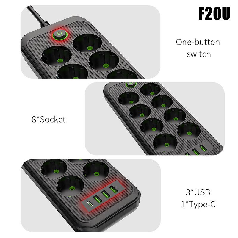 Πρίζα εναλλασσόμενου ρεύματος ΕΕ Πολύπριζο 2m Καλώδιο επέκτασης Πολύπριζο 3 USB 1 Φίλτρο δικτύου τύπου C Γρήγορη φόρτιση