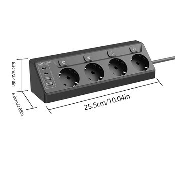 EU Plug Захранващ разклонител Защита от пренапрежение с 4 AC изхода 4USB порта (2USB C), 6,5 фута удължителен кабел Multi Plug с независим превключвател