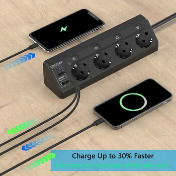 EU Plug Захранващ разклонител Защита от пренапрежение с 4 AC изхода 4USB порта (2USB C), 6,5 фута удължителен кабел Multi Plug с независим превключвател