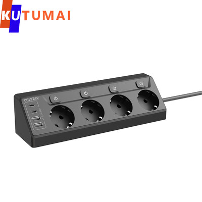 EU Plug Power Strip Apsauga nuo viršįtampių su 4 kintamos srovės lizdais, 4 USB prievadais (2 USB C), 6,5 pėdų ilginimo kabelio daugialypiu kištuku su nepriklausomu jungikliu