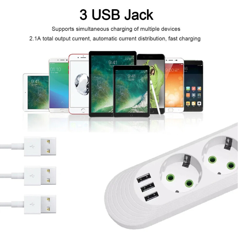 EU Plug Power Strip vahelduvvoolu pistikupesa Multitap pikendusjuhtme pistikupesa USB-portidega Kodukontori kiirlaadimise võrgufilter
