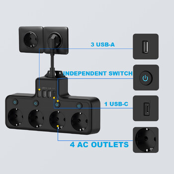 Разклонител KUTUMAI с 4 AC контакта Стенен щепсел Електрически контакт 3 USB-A и 1 USB-C Изход за бързо зареждане за домашен офис