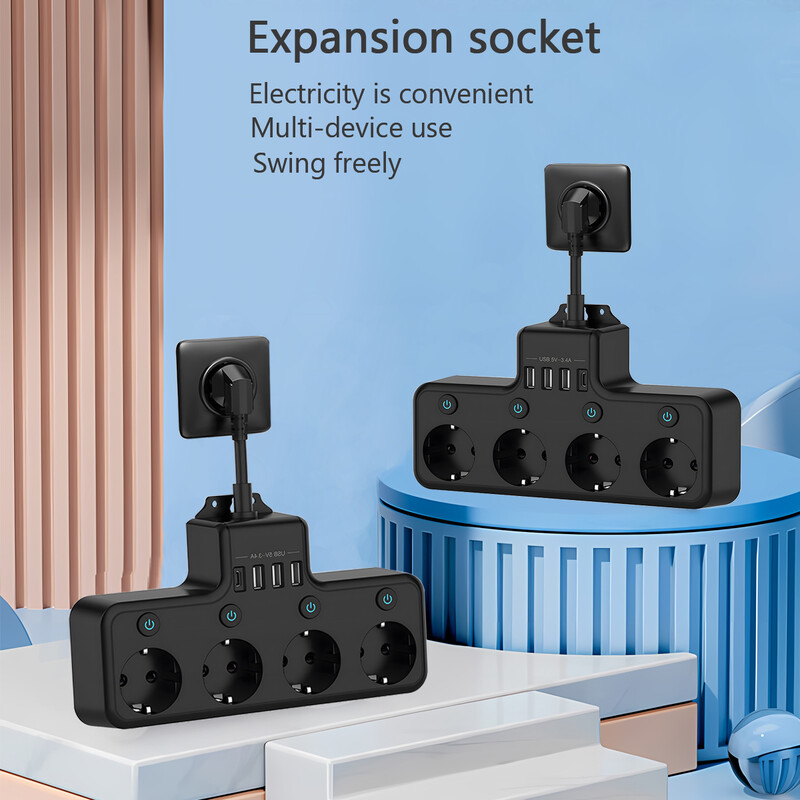KUTUMAI barošanas bloks ar 4 maiņstrāvas kontaktligzdām Sienas kontaktdakša Elektrības kontaktligzda 3 USB-A un 1 USB-C ātrās uzlādes strāvas kontaktligzda mājas birojam