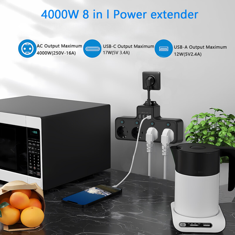 KUTUMAI barošanas bloks ar 4 maiņstrāvas kontaktligzdām Sienas kontaktdakša Elektrības kontaktligzda 3 USB-A un 1 USB-C ātrās uzlādes strāvas kontaktligzda mājas birojam