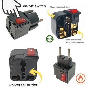 Προσαρμογέας πρίζας EU Schuko Germany France με διακόπτη Mian AC250V 16A Wonpro WSA-9