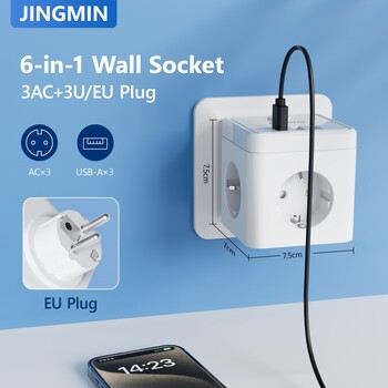 Удължител за стенен контакт JINGMIN с 3 контакта 3 USB порта 6 In1 Eu Plugcharger Включване/изключване Разклонител за дома