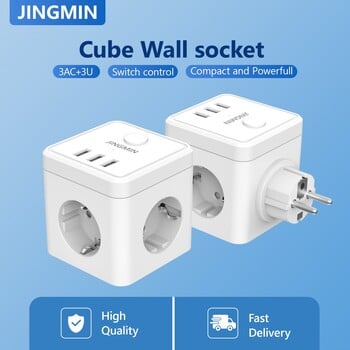 Удължител за стенен контакт JINGMIN с 3 контакта 3 USB порта 6 In1 Eu Plugcharger Включване/изключване Разклонител за дома