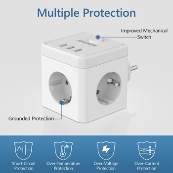 Удължител за стенен контакт JINGMIN с 3 контакта 3 USB порта 6 In1 Eu Plugcharger Включване/изключване Разклонител за дома